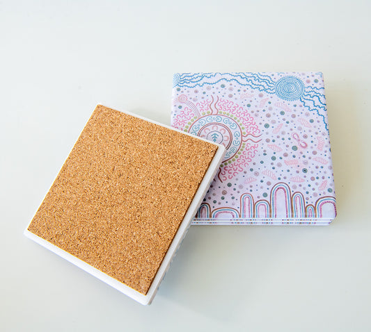 Coasters (x4), Rise to the Yellow Belly Fish, Light Pink